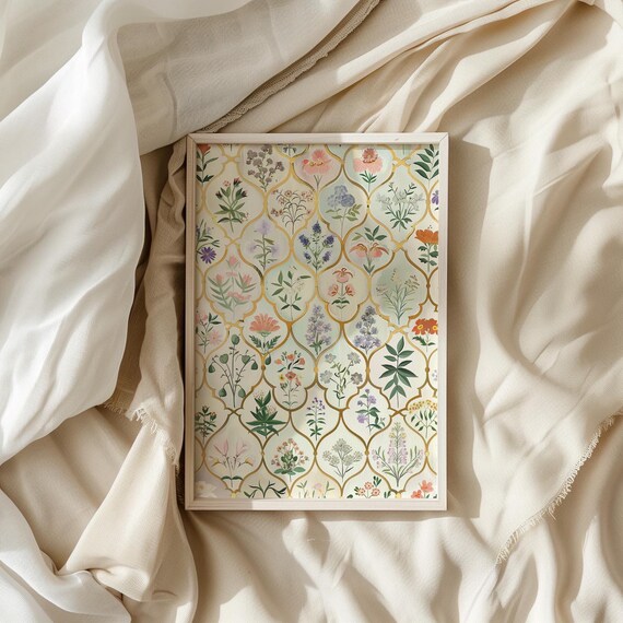 Vintage Botanical Floral Lattice Pattern Decorative Art Poster