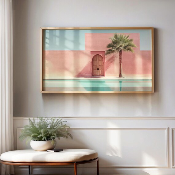Pink Poolside Minimalist Palm Tree And Turquoise Pool Pastel Poster