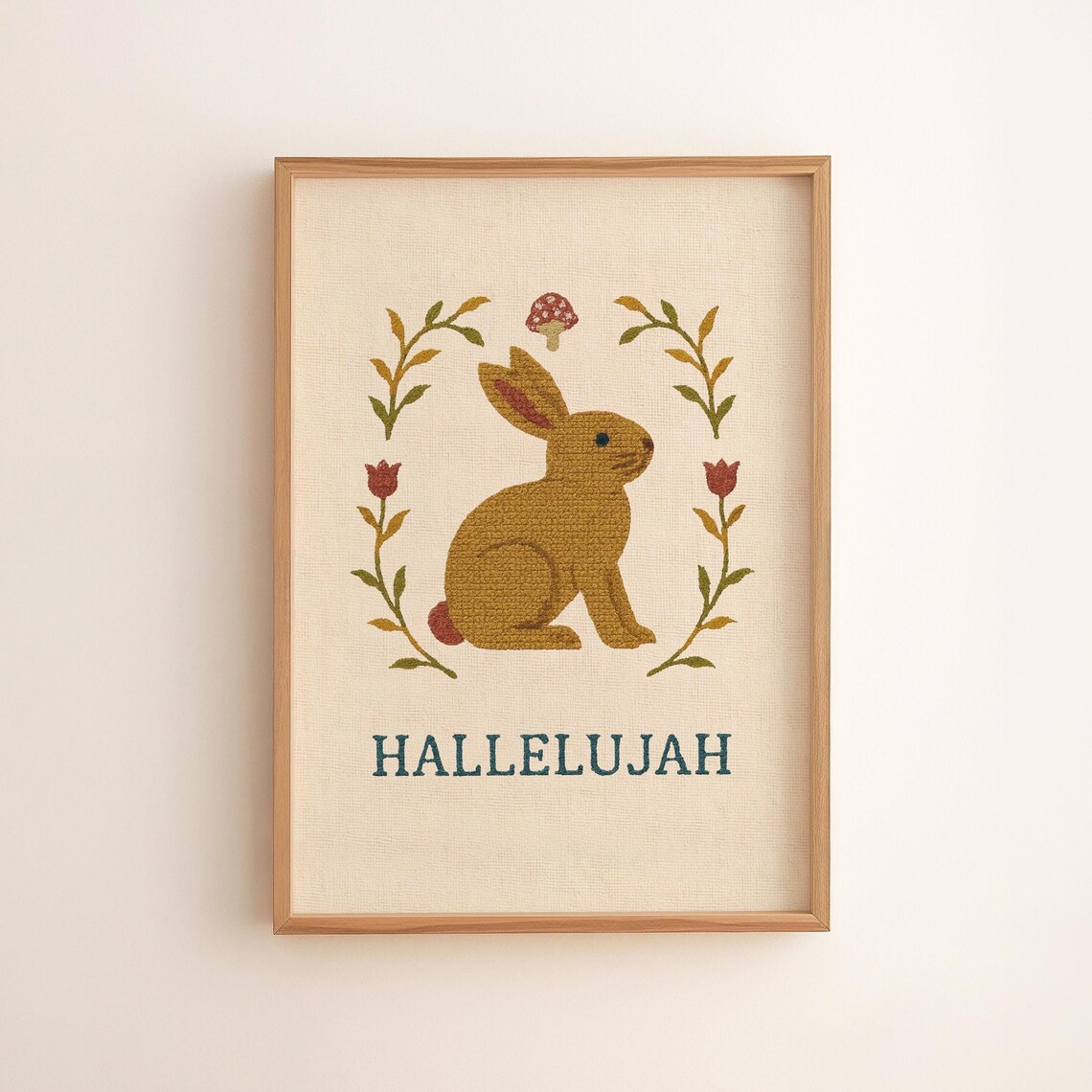 Hallelujah Bunny Rabbit In Folk Floral Wreath Linen Style Poster
