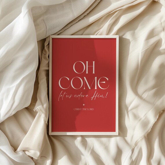 Oh Come Let Us Adore Him Red Christmas Lyric Holiday Carol Poster