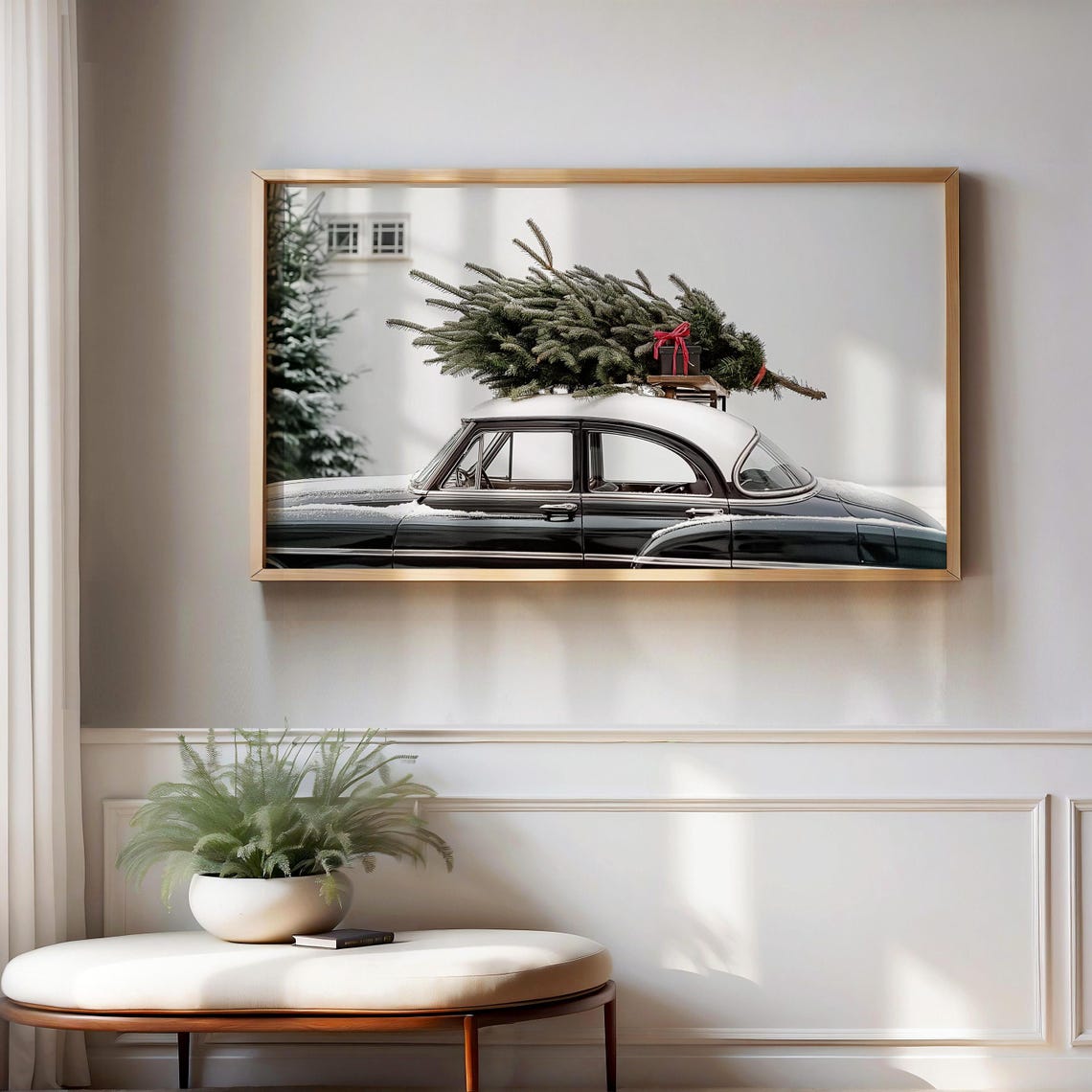 Vintage Christmas Classic Car With Tree On Roof Holiday Photo Poster