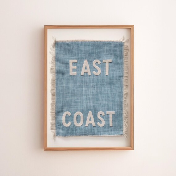 Blue East Coast Embroidered Linen Flag Nautical Decor Wall Art
