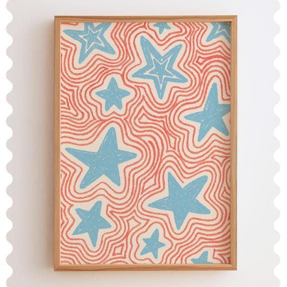 Retro Starz Print Red White And Blue 4th Of July Wall Art
