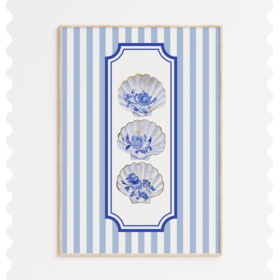 Blue White Chinoiserie Scallop Shells Striped Coastal Beach Poster