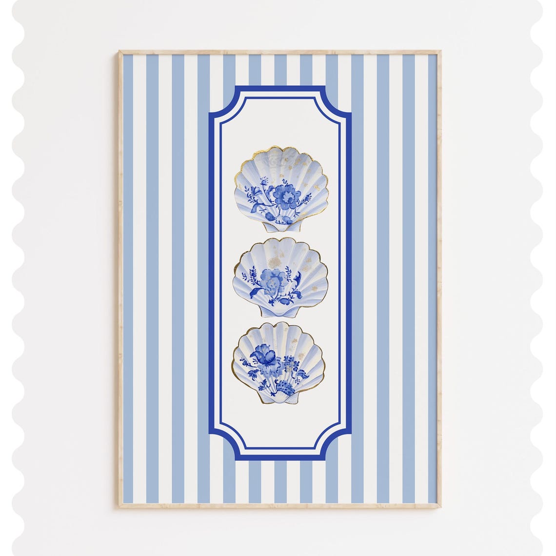 Blue White Chinoiserie Scallop Shells Striped Coastal Beach Poster