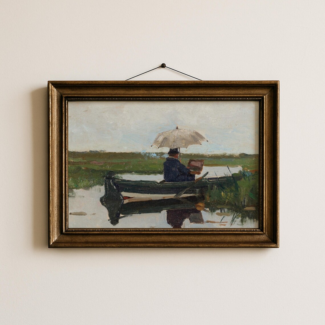 Artist Painting in a Boat White Umbrella Quiet Pond Art Poster