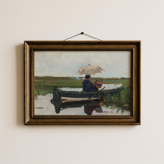 Scenic River Painting Vintage Landscape Art
