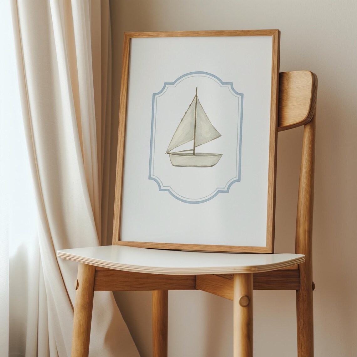 Little Sailboat Watercolor in Blue Frame Nautical Nursery Wall Poster