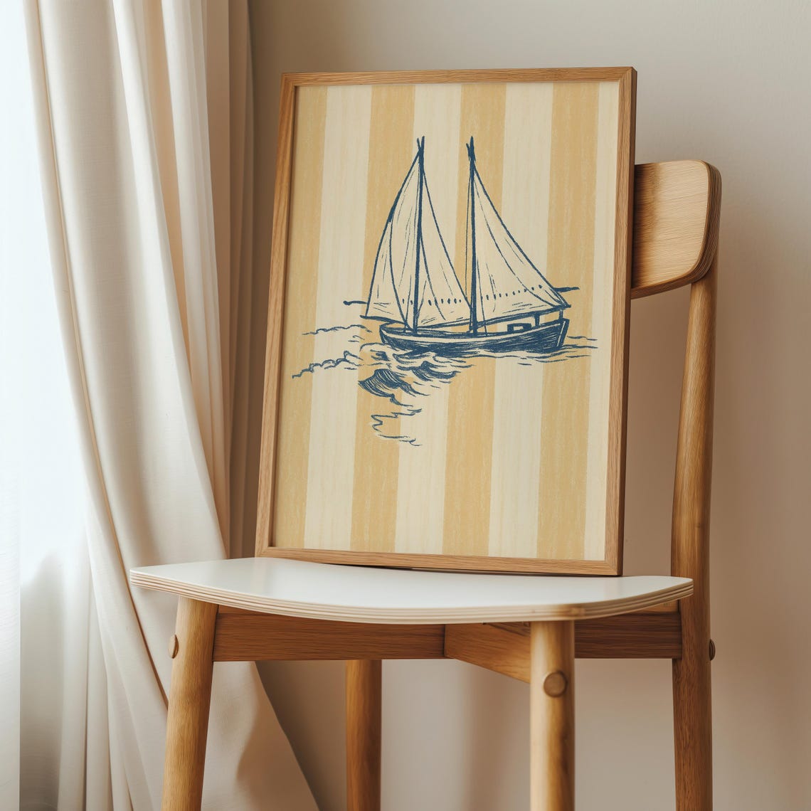 Navy Sailboat Sketch Beige Striped Coastal Illustration Poster
