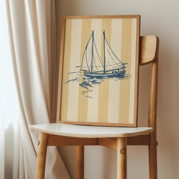 Navy Sailboat Sketch Beige Striped Coastal Illustration Poster