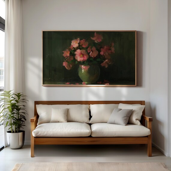 Pink Flowers Green Vase Moody Floral Still Life Oil Painting Poster