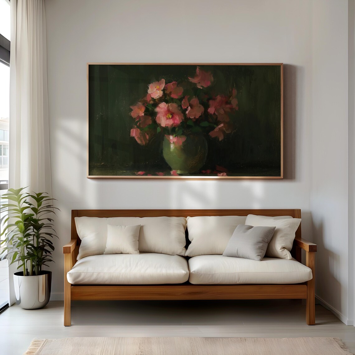 Pink Flowers Green Vase Moody Floral Still Life Oil Painting Poster