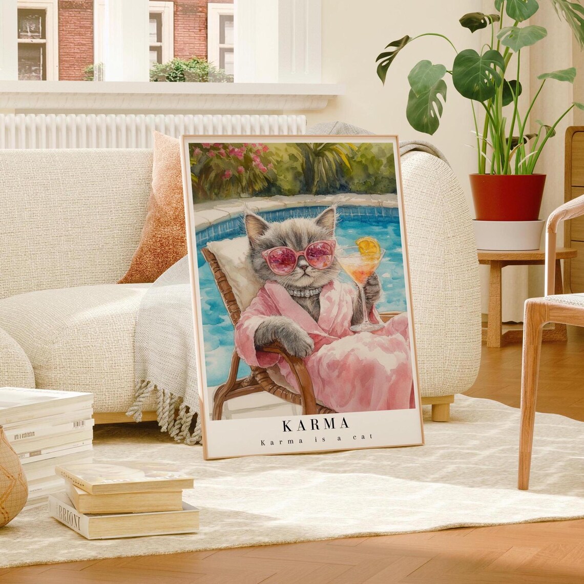 Karma Is A Cat Watercolor Art Print, Preppy Cat - Image 3
