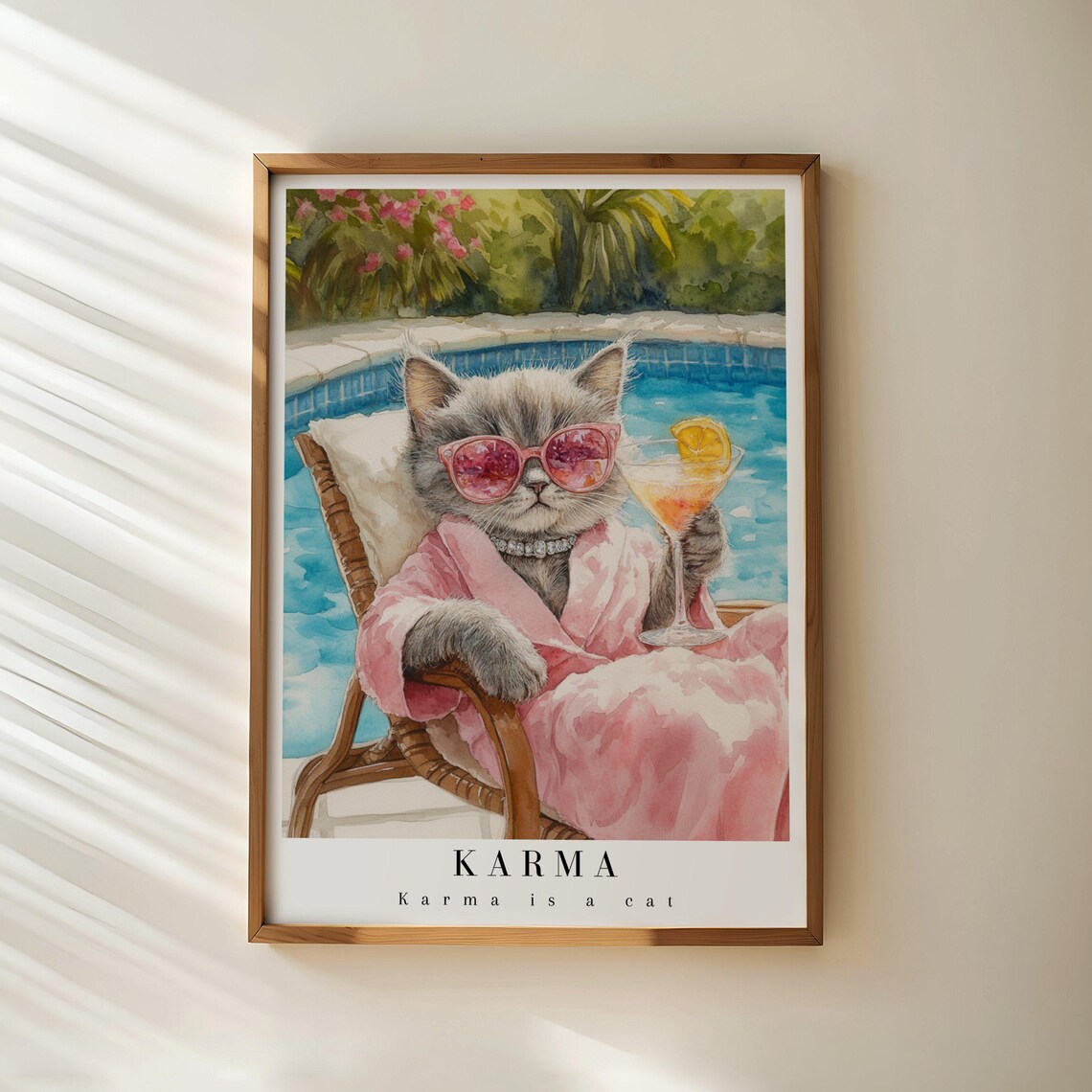 Karma Is A Cat Watercolor Art Print, Preppy Cat