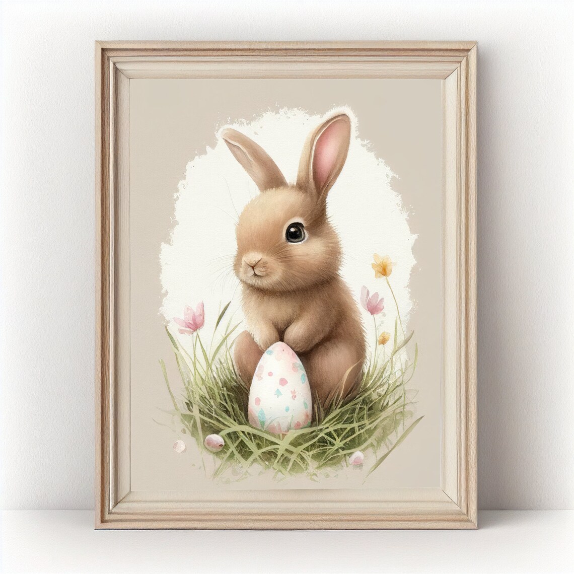 Watercolor Bunny Sitting With Easter Egg In Green Grass Art Poster