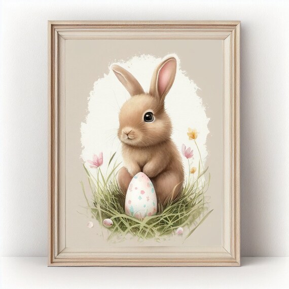 Watercolor Bunny Sitting With Easter Egg In Green Grass Art Poster