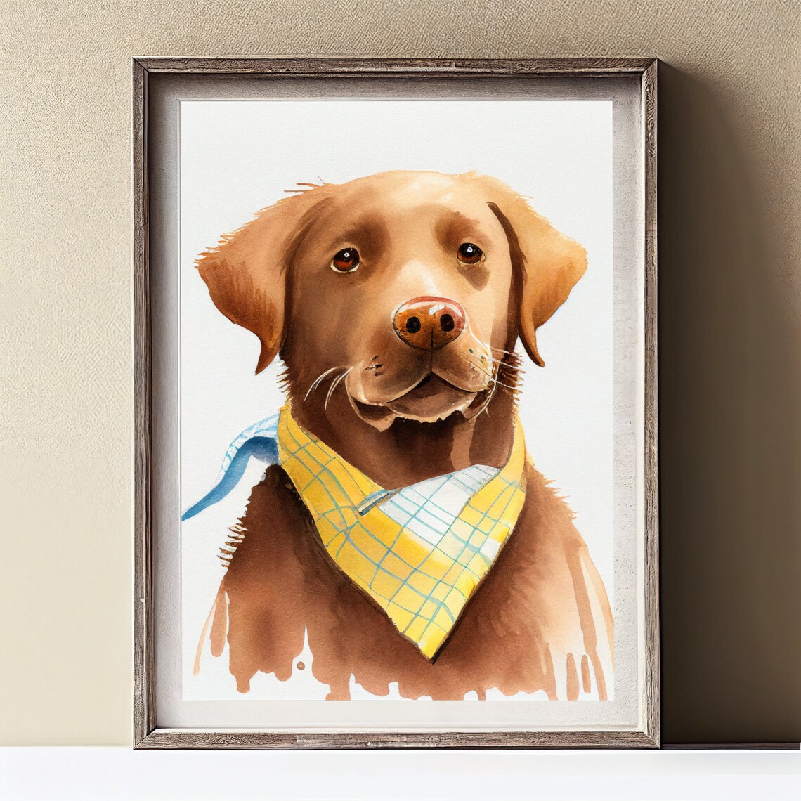 Chocolate Lab Puppy Watercolor Yellow Plaid Bandana Dog Portrait Print - Image 2