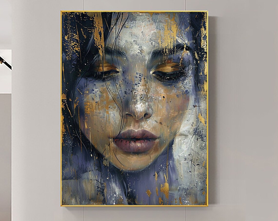 Woman's Face Abstract Portrait With Gold Leaf Oil Painting Poster