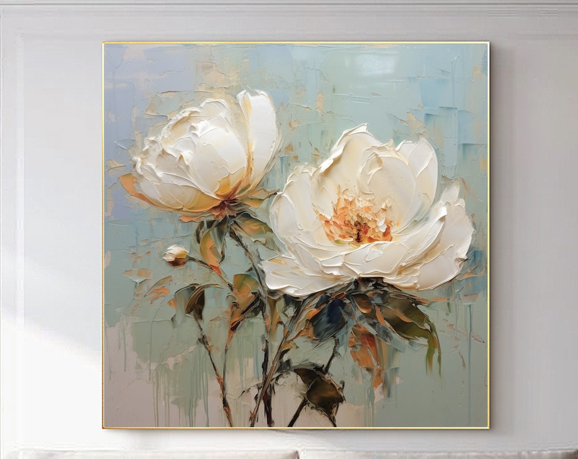 White Peony Blossoms Blue Gray Soft Textured Floral Art Poster