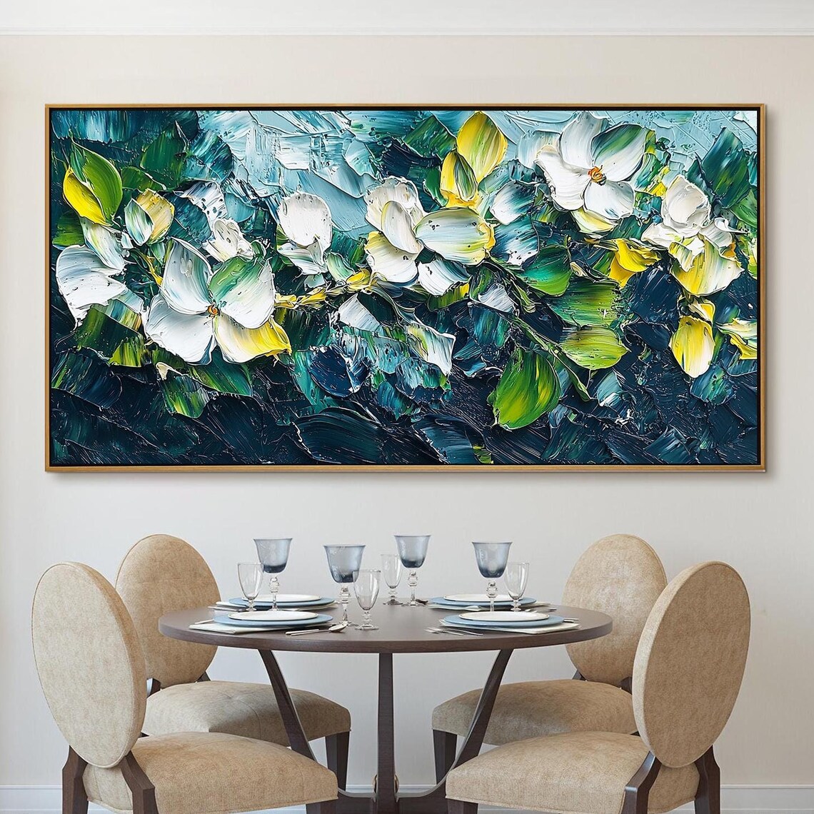 White Blossoms on Deep Teal Textured Floral Oil Painting Poster
