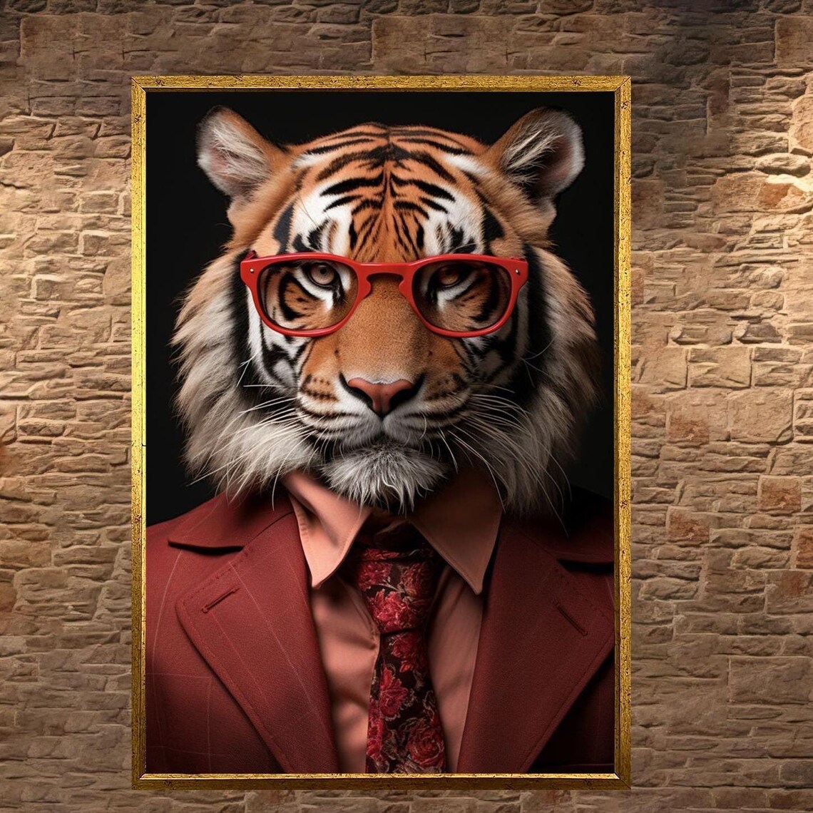 Cool Tiger in Red Glasses and Suit Fun Boss Animal Portrait Poster