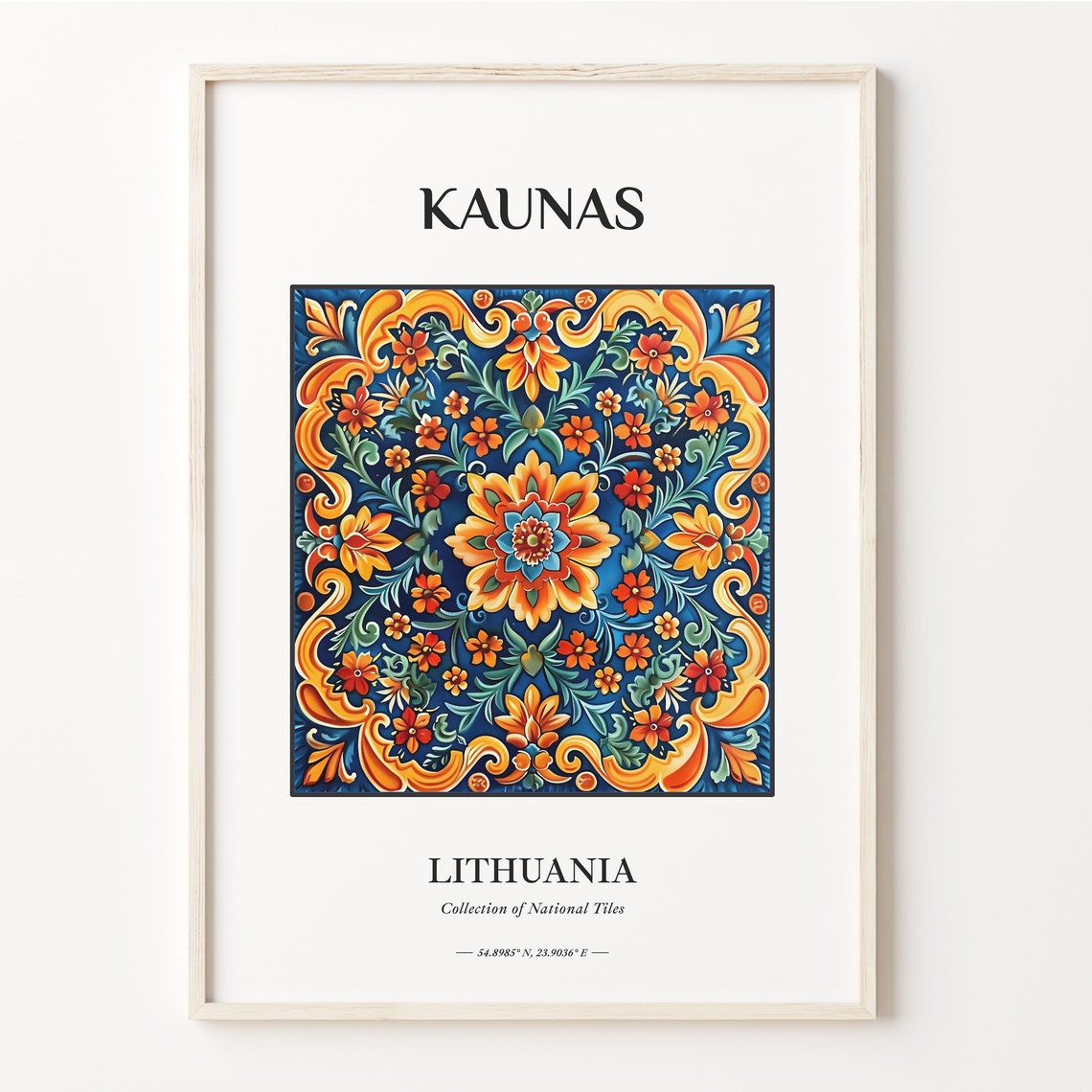 Kaunas Lithuania National Tiles Fiery Orange Floral Pattern Poster