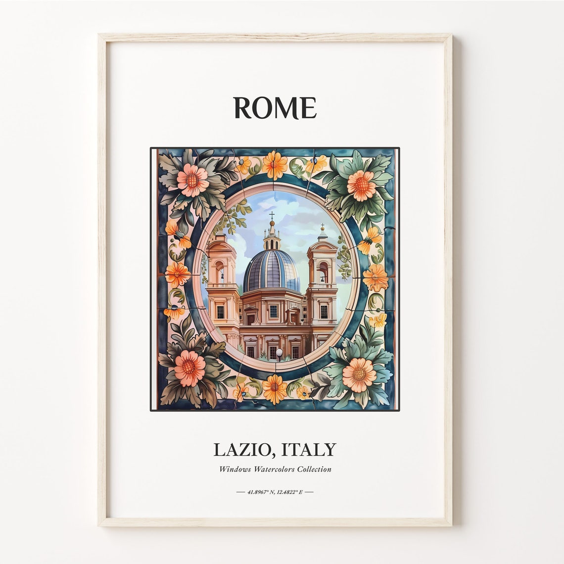 Rome Italy Domed Church Floral Tile Frame Watercolor Art Poster