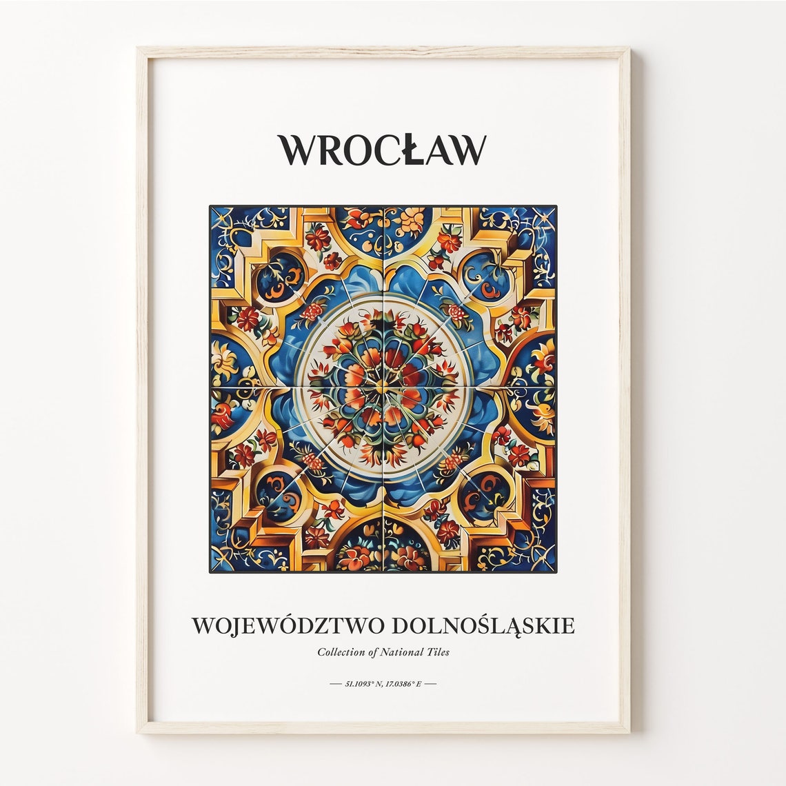 Wrocław Poland Red Blue Gold Floral Medallion Tile Art Poster