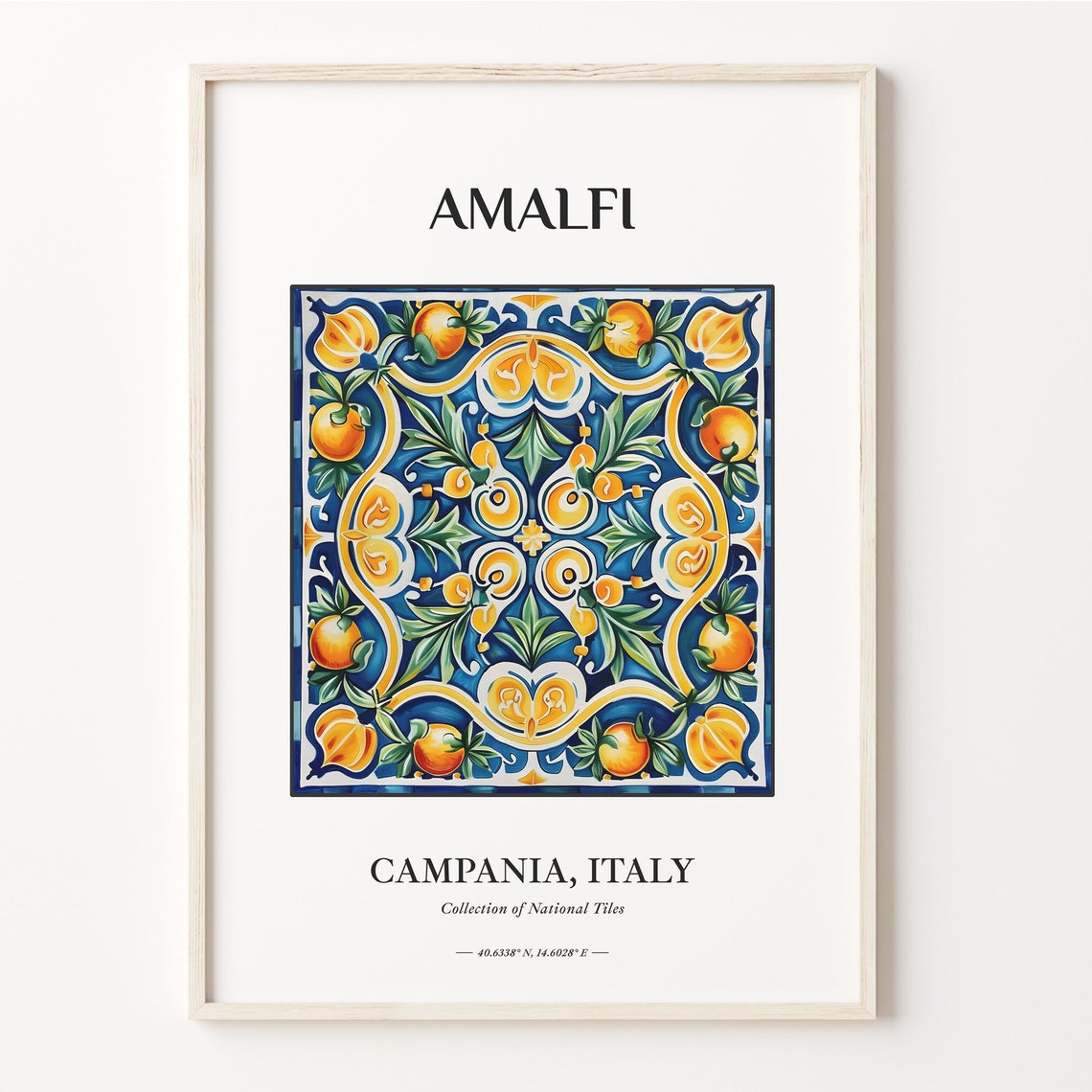 Amalfi Campania Italy Tile Poster with Sunny Yellow Lemon Pattern