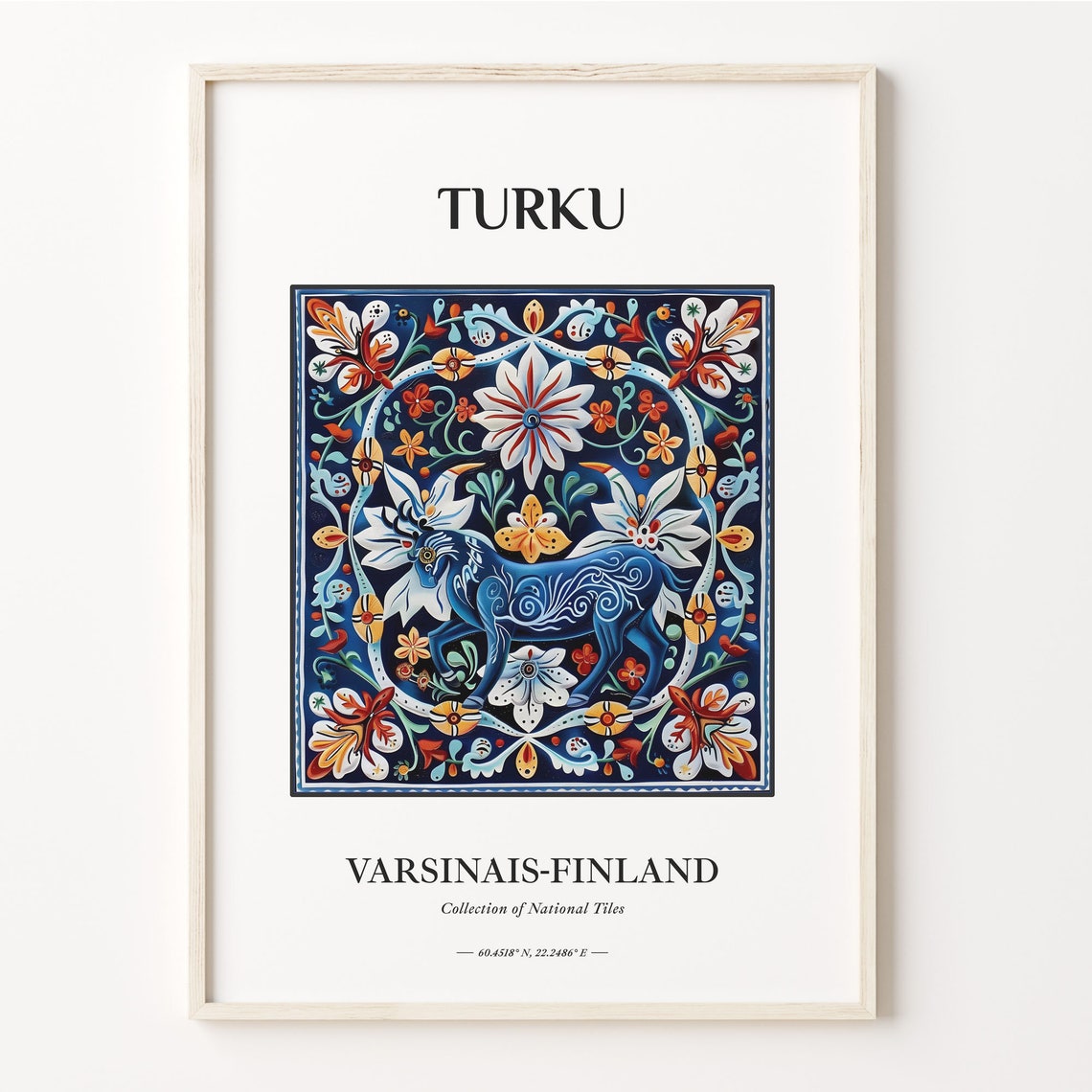 Turku Finland Blue Goat Scandinavian Folk Art Tile Pattern Wall Poster