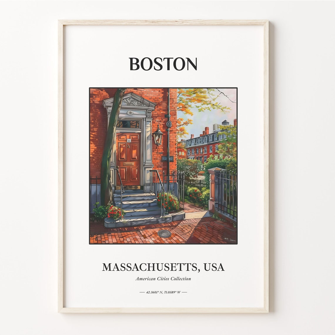 Boston Massachusetts Brick Townhouse Door Autumn Decor Poster