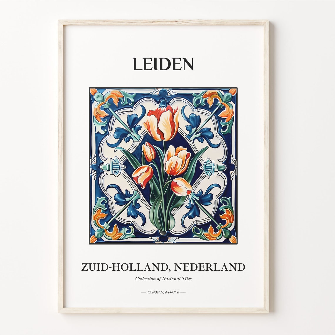 Leiden Netherlands Orange Tulip Tile Pattern Delft Blue Poster