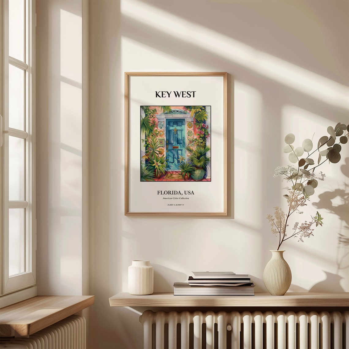 Key West Florida Watercolor Teal Door Palm Trees Flowers Art Poster - Image 3