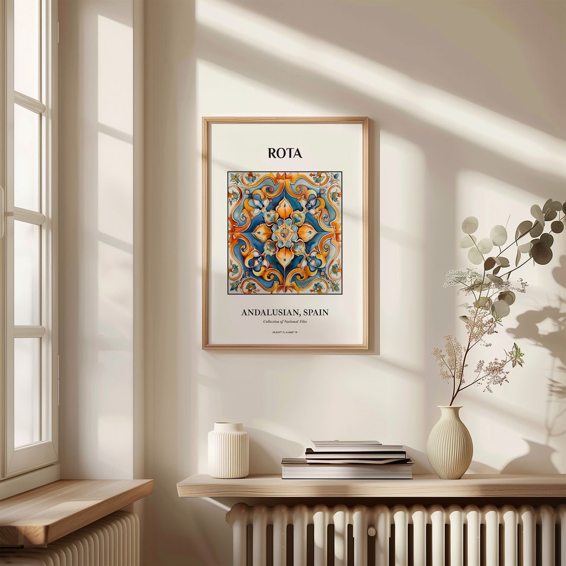 Rota Spain Andalusian Blue Orange Watercolor Tile Medallion Poster - Image 3