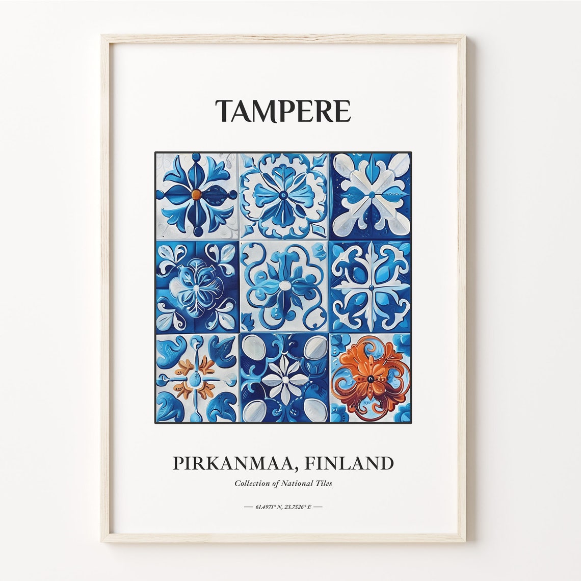 Tampere Finland Tile Poster with Blue White Floral Grid Design