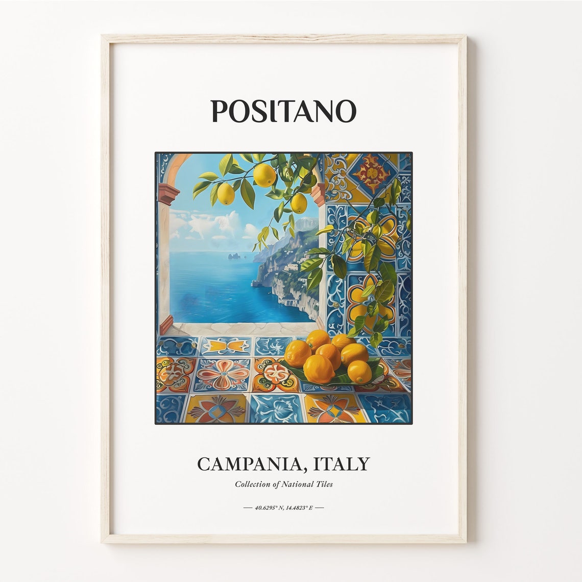 Positano Campania Italy Print with Lemon Tree and Sea View Scene