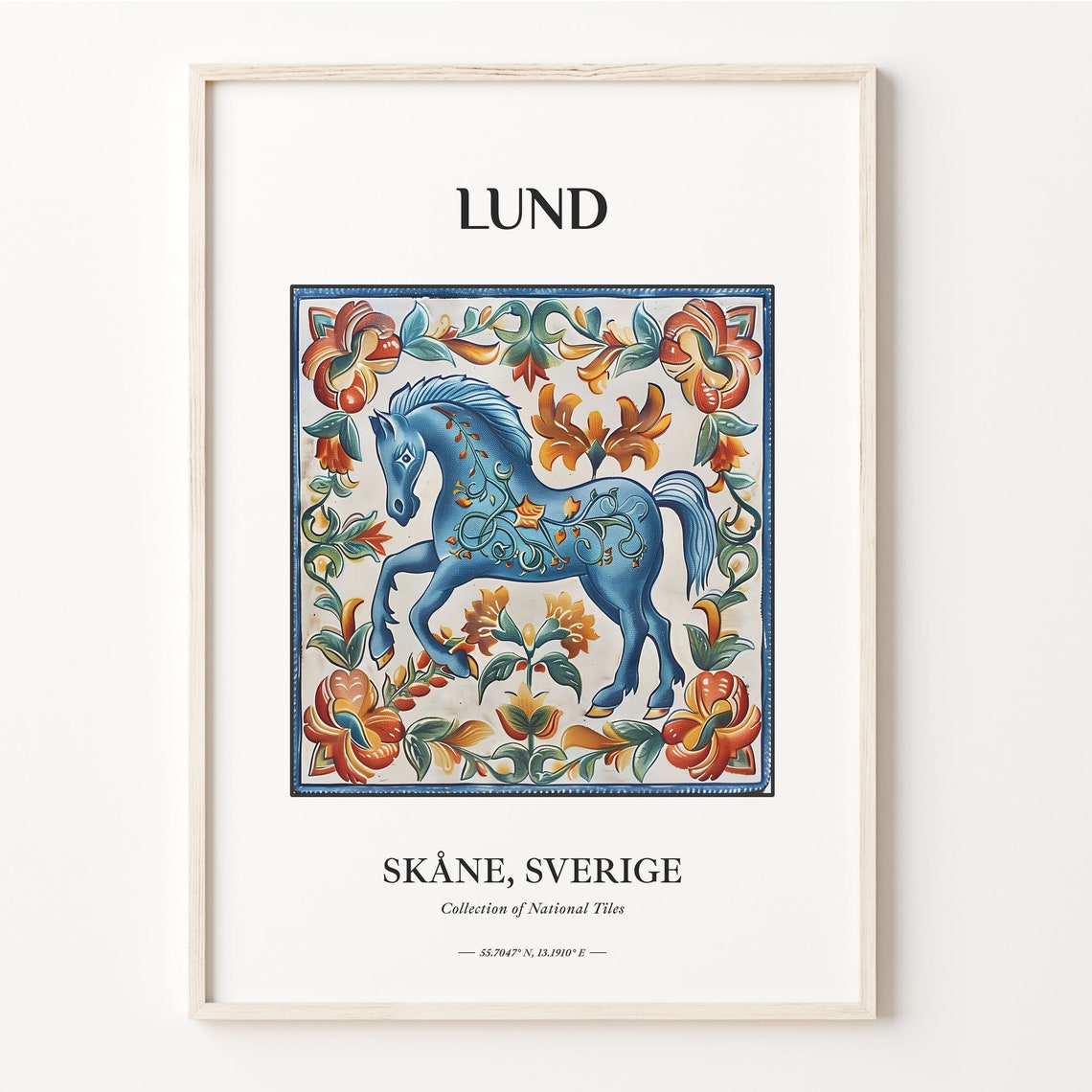 Lund Sweden Blue Dala Horse Folk Floral Tile Wall Decor Poster