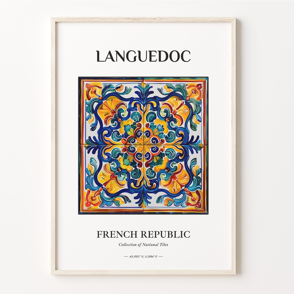 Languedoc France Symmetric Medallion Tile Art Blue Gold Poster