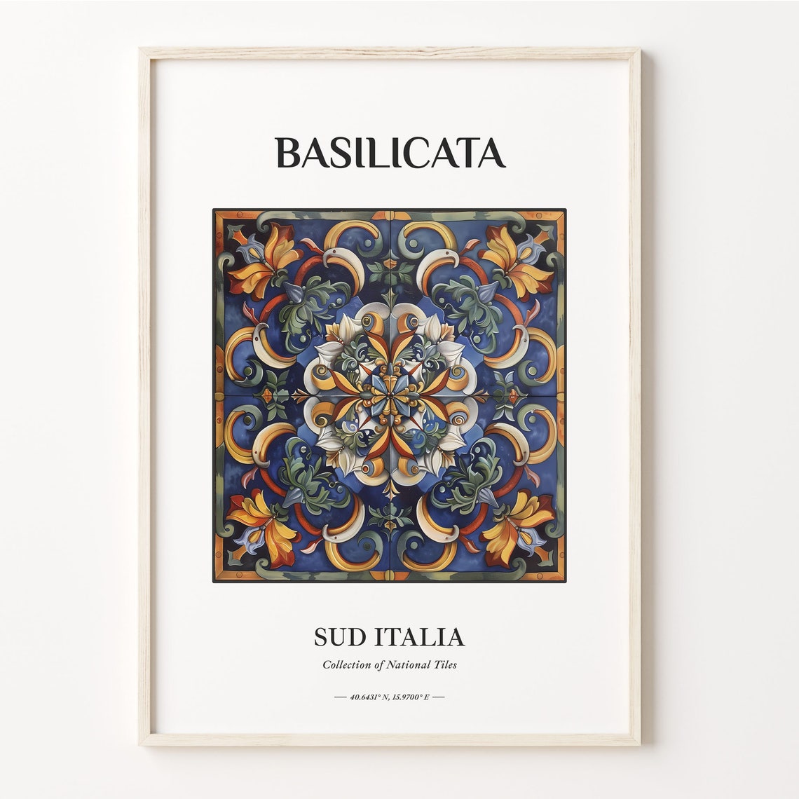 Basilicata Southern Italy Swirling Blue Gold Majolica Tile Art Poster