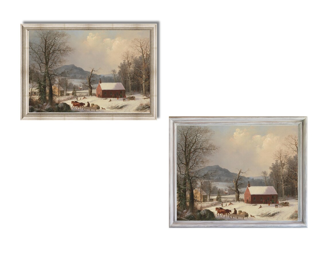 Vintage Winter Red Schoolhouse Snow Scene Classic Holiday Poster - Image 3