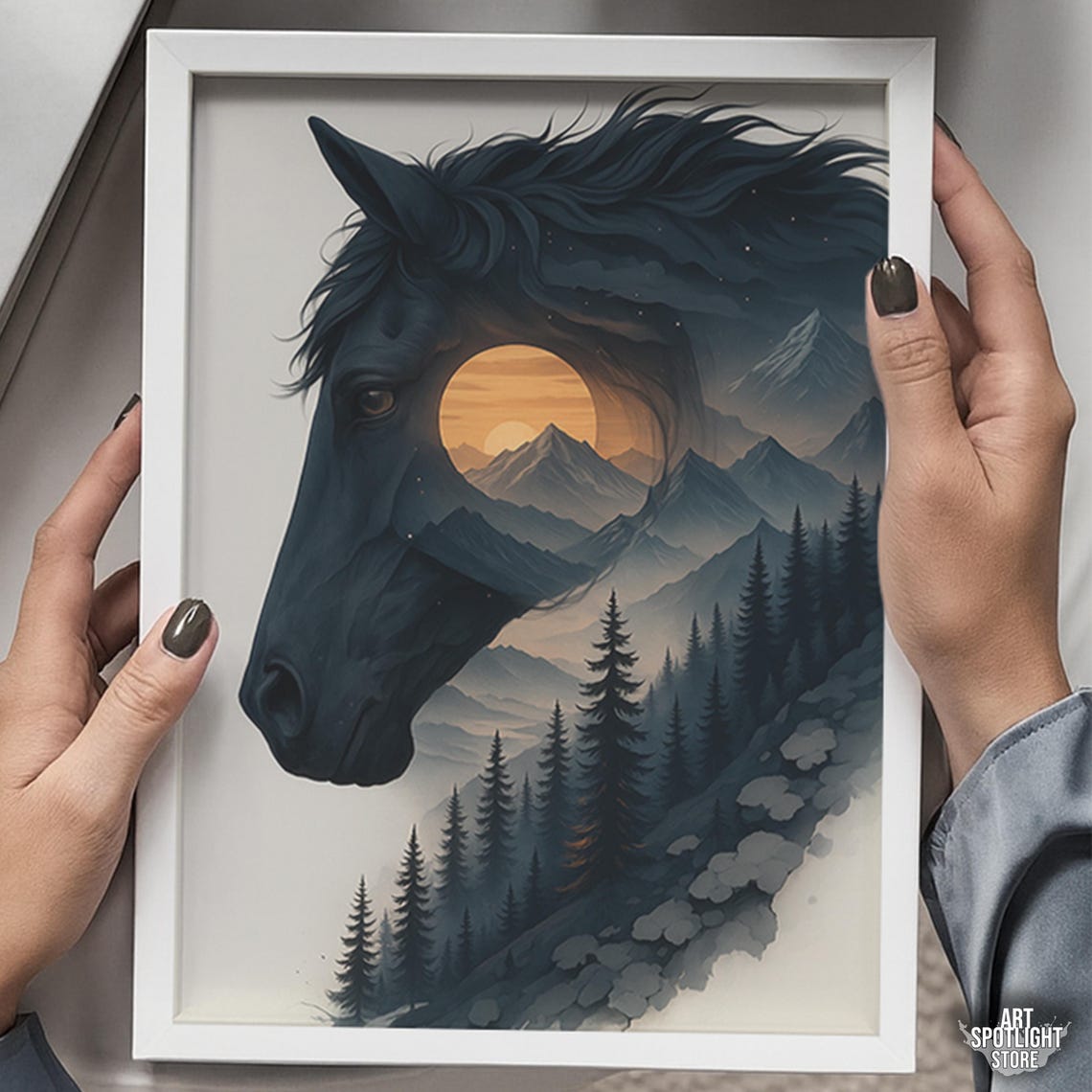 Black Horse Head Double Exposure Mountain Sunset Forest Art Poster