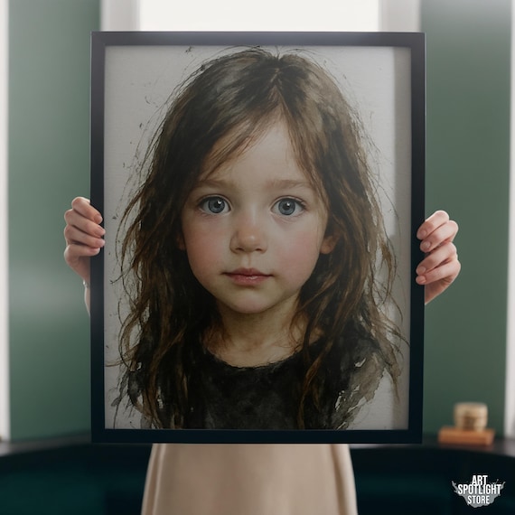 Realistic Watercolor Portrait of a Little Girl With Blue Eyes Poster