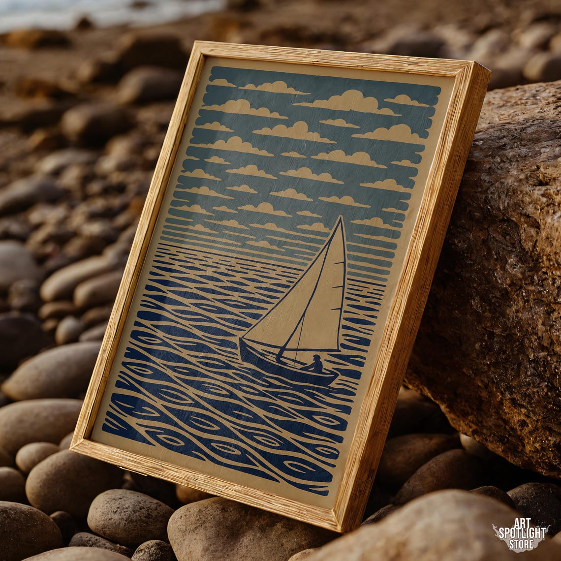 Retro Blue and Beige Sailboat on Waves Nautical Linocut Art Poster