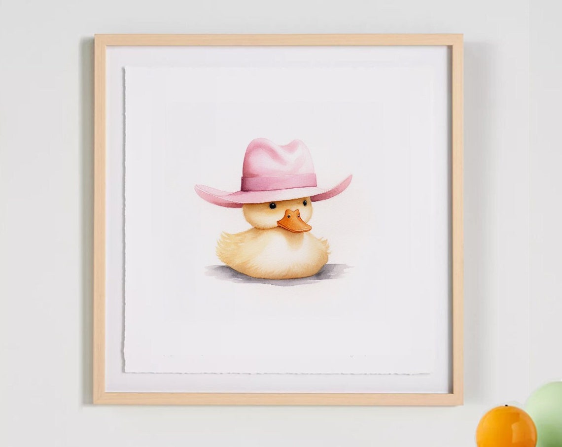 Cute Baby Duck Pink Cowboy Hat Watercolor Nursery Poster Gift