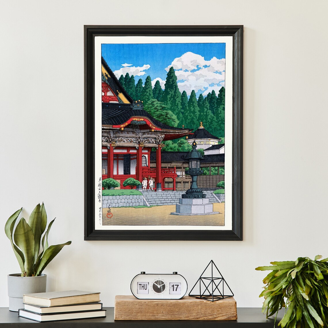 Kawase Hasui Red Temple Pavilion Stone Lantern Cedar Vintage Woodblock Poster - Image 3