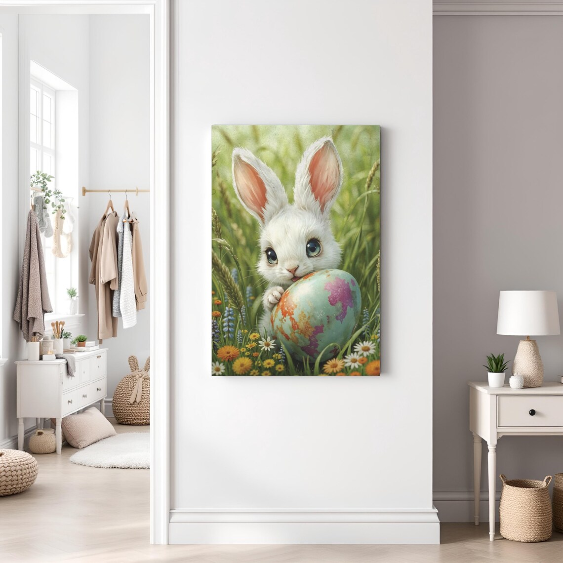 Fluffy White Easter Bunny Giant Painted Egg Meadow Art Poster - Image 4