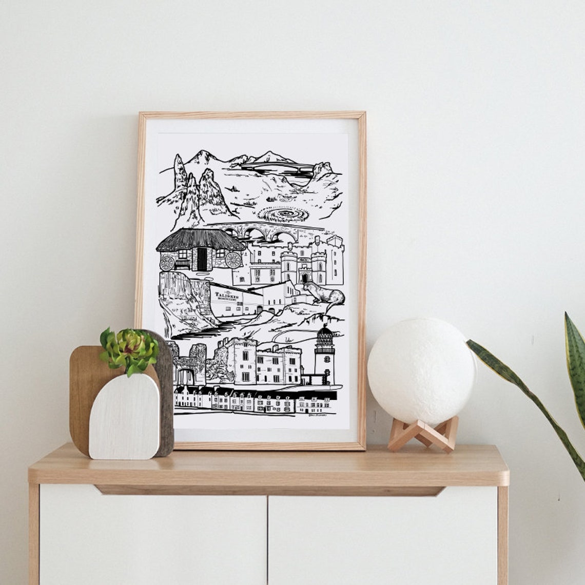 Isle Of Skye Landmarks Black And White Illustrated Sketch Print