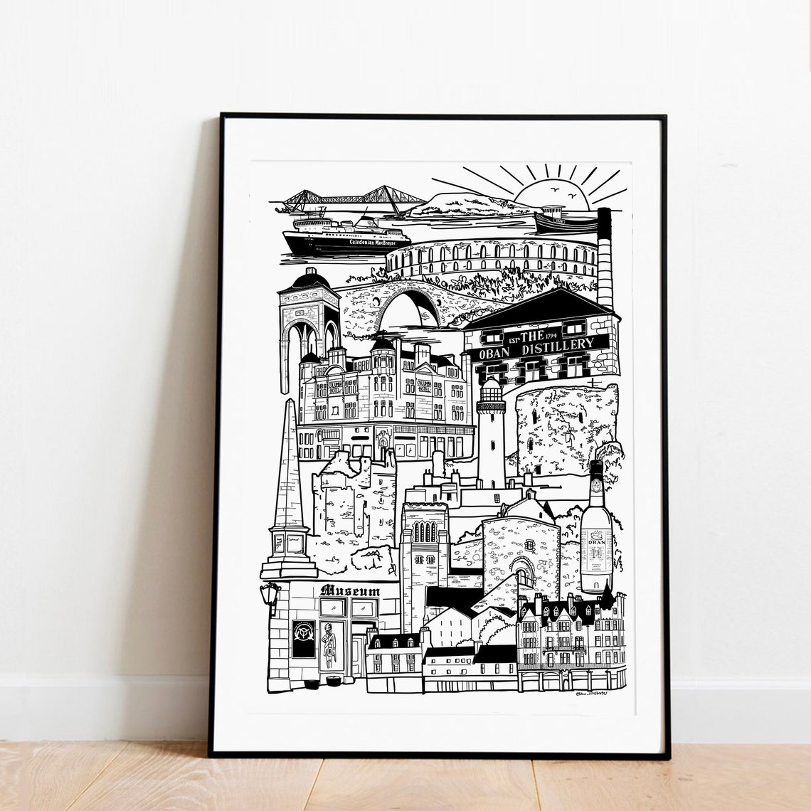 Oban Scotland Landmarks Black and White Line Art Travel Print