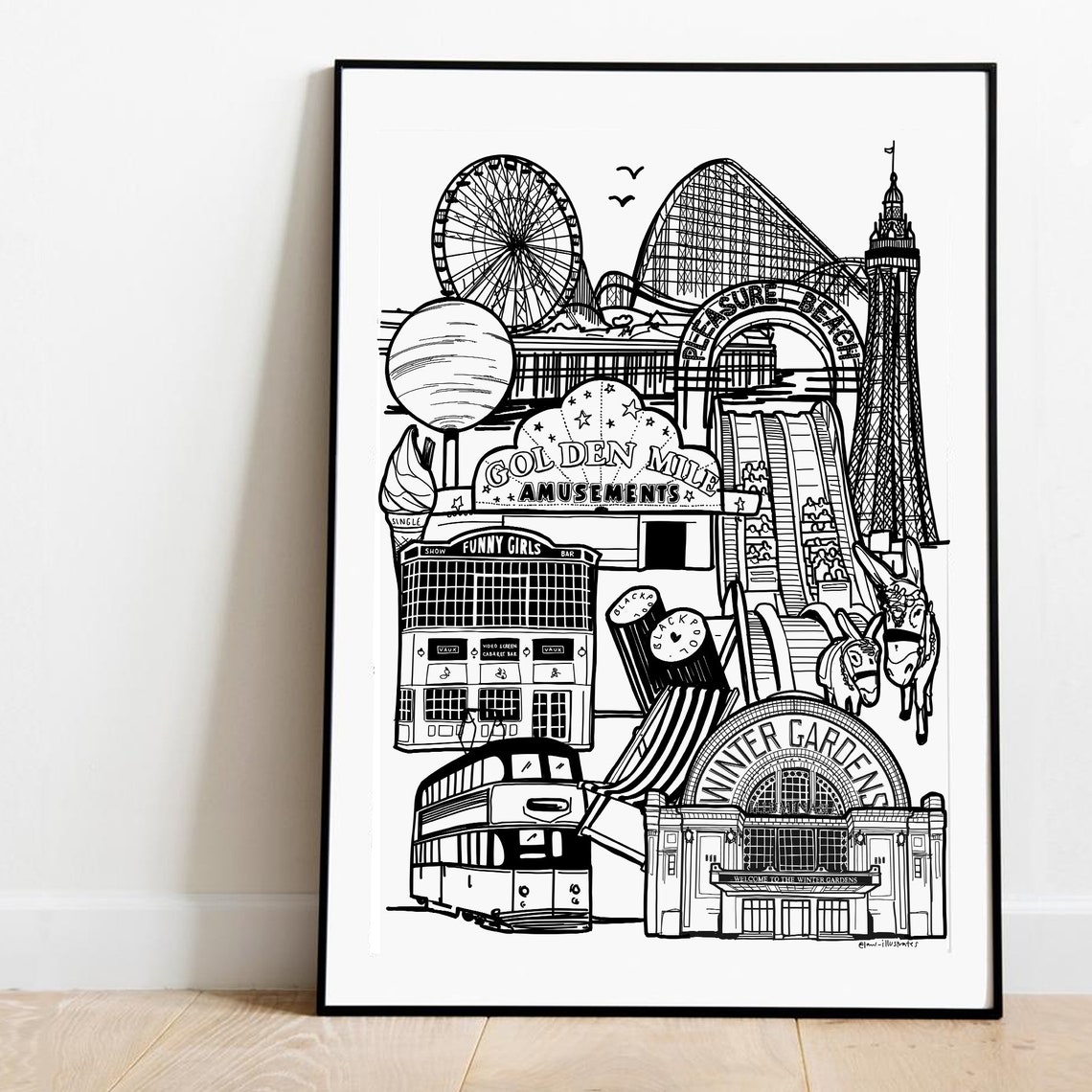 Blackpool Famous Tower Pleasure Beach Black White Art Poster