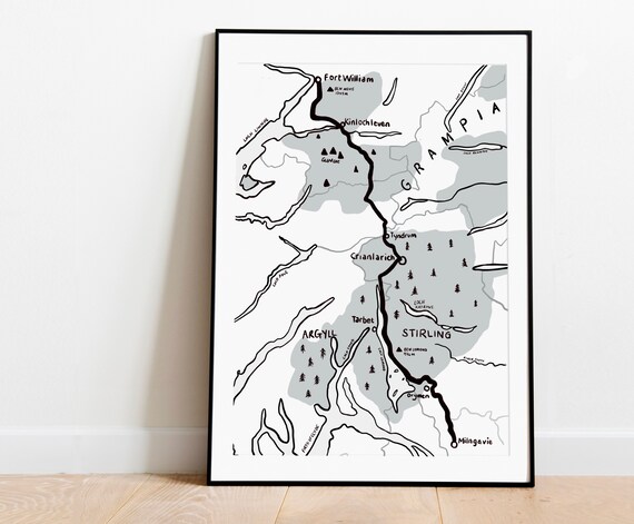 West Highland Way Map Print Scottish Hillwalking Gift A3 Framed Art